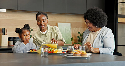 Buy stock photo Grandma, mom and child in kitchen for breakfast, healthy eating and meal together in morning. Family home, generations and black girl with mother, juice and fruit for vitamins, nutrition and wellness