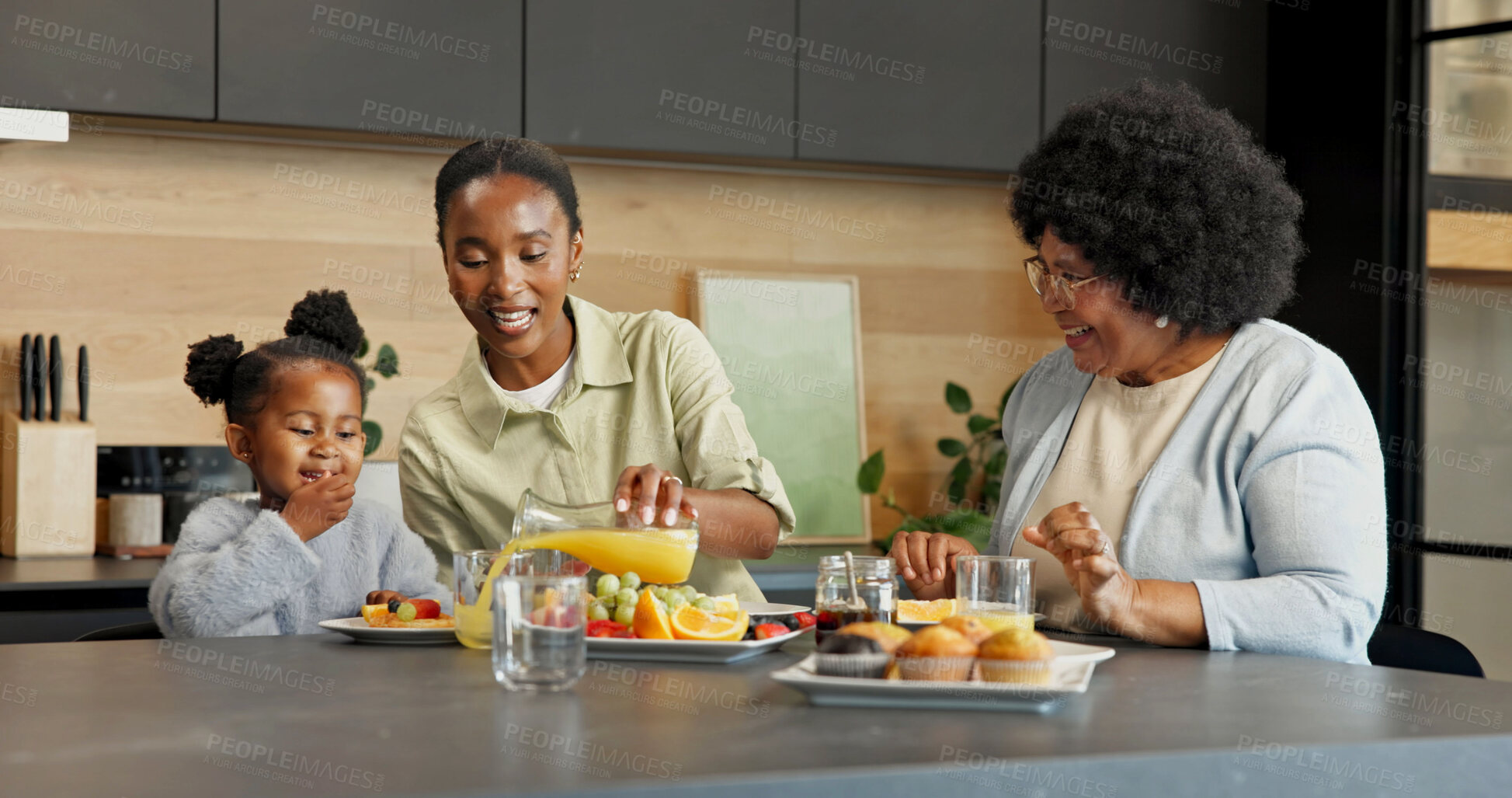 Buy stock photo Grandma, mom and child in kitchen for breakfast, healthy eating and meal together in morning. Family home, generations and black girl with mother, juice and fruit for vitamins, nutrition and wellness