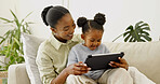Happy, mom and child with tablet in lounge, love and watching cartoons with subscription in home. Family, laughing and black woman with daughter, bonding and streaming movie with technology in house