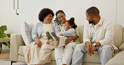 Buy stock photo Grandmother, parents and laugh in family home with child, joke or bonding together for weekend visit. Happy black people, senior woman and mom on sofa with dad, daughter or generations with wellness.