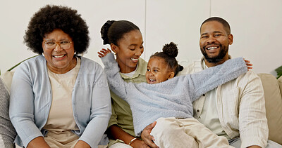 Buy stock photo Happy, grandmother and parents in family home with child, love and relax together for weekend visit. Portrait, black people and senior woman on sofa with mom, dad or daughter for generations bonding.