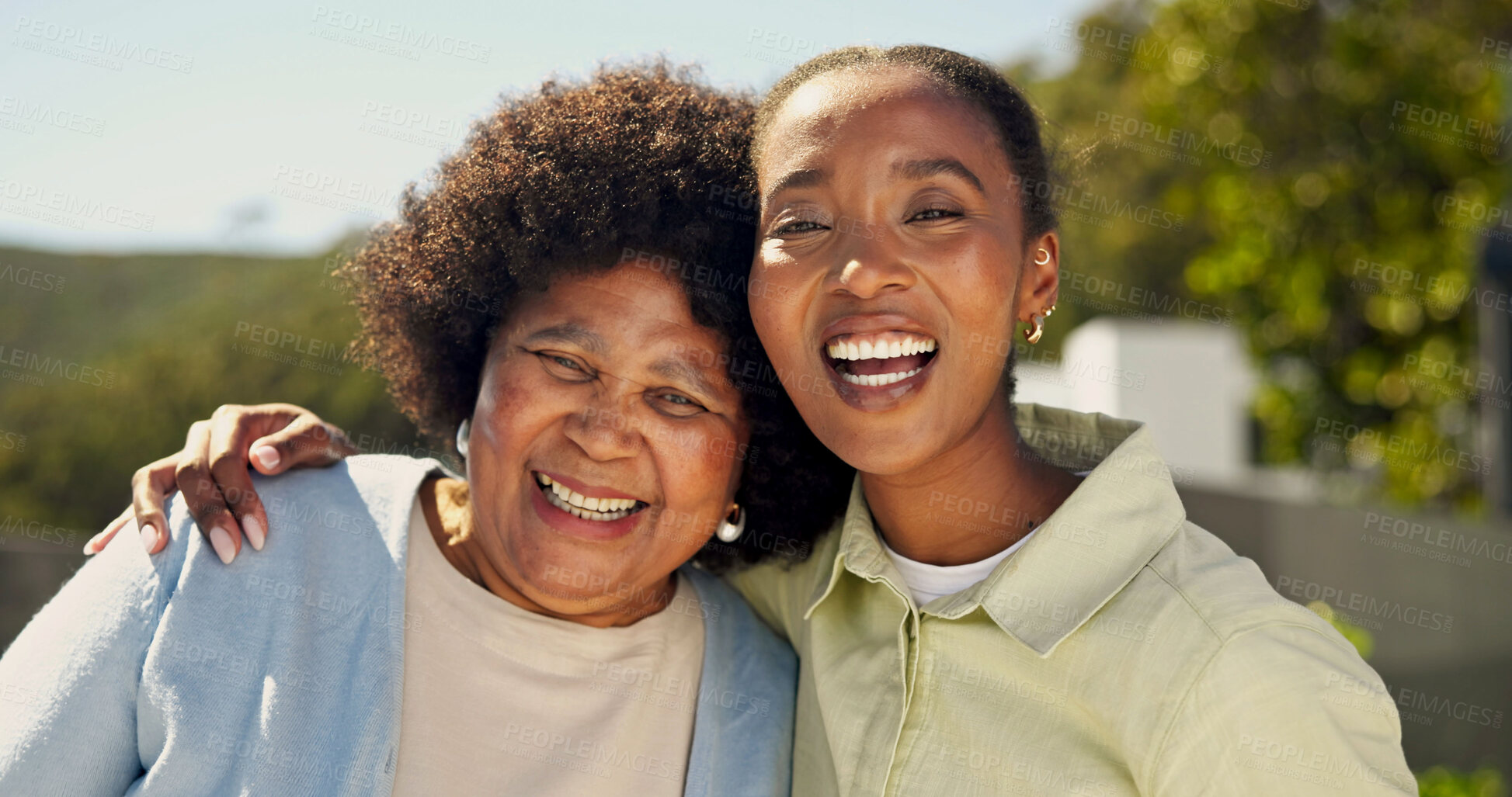 Buy stock photo Hug, face and woman with senior mom in backyard for bonding, connection and happy relationship. Family, portrait and black person with embrace, smile and elderly mother for affection, trust and love