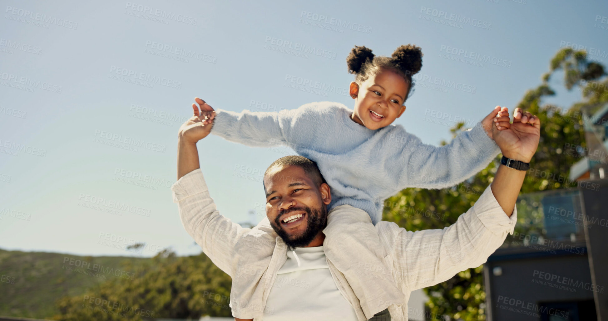 Buy stock photo Father, child or support on shoulder in backyard for flying game, relationship development or play. Home, black man or happy kid with carry, airplane fantasy or imagination with family fun on weekend