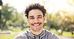 Outdoor, portrait and man with smile, fitness and pride after workout or physical activity in nature. Confident, athlete and happy person on break, rest and exercise for health and fresh air at park