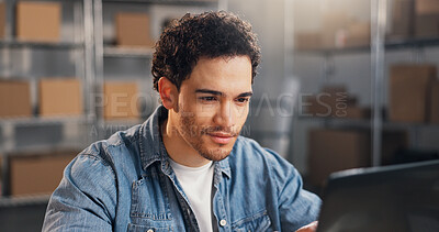 Buy stock photo Man, owner and logistics at startup with laptop, research and supply chain for cargo distribution. Smile, person and review in warehouse with tech, stock availability and delivery route for ecommerce