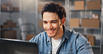 Happy, man and logistics at startup with laptop, research and supply chain for cargo distribution. Smile, person and review in warehouse with tech, stock availability and delivery route for ecommerce