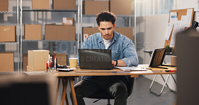 Buy stock photo Man, reading and logistics in office with laptop, research and supply chain for cargo distribution. Person, review and email at startup with tech, stock availability and delivery agenda for ecommerce