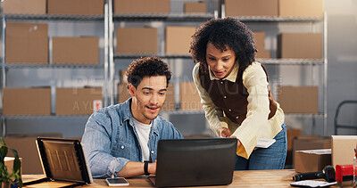 Buy stock photo Team, laptop and cargo with people in warehouse for tracking review, logistics and sku information. Collaboration, ecommerce and shipping inventory report with employees for order verification