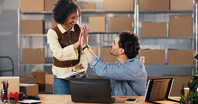 Buy stock photo People, logistics and laptop with high five for winning, teamwork or small business success together. Happy, businessman and woman with smile, boxes or cargo for online shipping or distribution deal