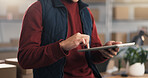 Hands, man and tablet in small business for logistics, courier coordination or package tracking. Supply chain, person and digital app in startup for route search, delivery schedule or online invoice