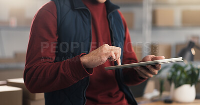 Buy stock photo Hands, man and tablet in small business for logistics, courier coordination or package tracking. Supply chain, person and digital app in startup for route search, delivery schedule or online invoice