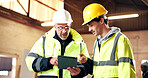 Tablet, meeting and men in warehouse for construction, planning and discussion for woodworking. Manager, carpentry and man on tech for production report, inventory or stock update for timber business
