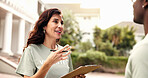 Clipboard, volunteer and happy woman with partner for team donation, checklist or charity campaign. Female person, activist and community service with smile or colleague for outdoor outreach together