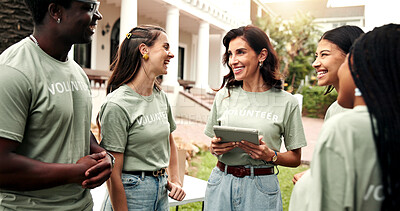 Buy stock photo Volunteer, people and laugh outdoor with tablet, planning charity event or agenda joke for outreach. Happy NGO, mature team leader and tech for group responsibility, fundraising schedule and humor