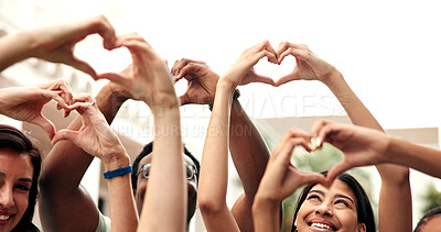 Buy stock photo People, students and heart at campus with smile, new semester and motivation for education. Hands, friends and teacher at college with love gesture, acceptance and encourage for learning opportunity