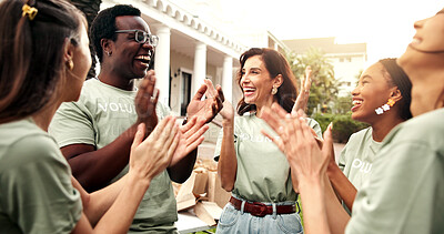 Buy stock photo Volunteer, laughing and applause with friends, outdoor and happy for fundraising success or charity. People, clapping and celebration for achievement, collaboration and social responsibility for NGO