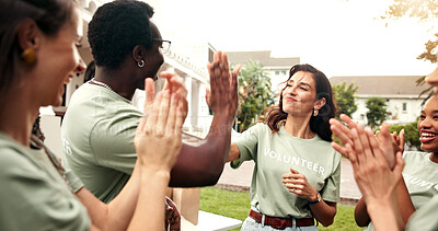 Buy stock photo Volunteer, high five and applause with happy team, outdoor and laughing with fundraising success. People, clapping and celebration for achievement, collaboration and social responsibility for NGO
