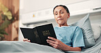 Woman, hands and reading in hospital bed with bible, salvation and Christian belief for recovery. Mature person, faith and holy book in medical clinic for religion, spiritual guidance and healing.