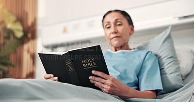 Buy stock photo Woman, hands and reading in hospital bed with bible, salvation and Christian belief for recovery. Mature person, faith and holy book in medical clinic for religion, spiritual guidance and healing.