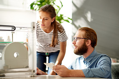 Buy stock photo Business people, teamwork and 3D printer in office, design project and creativity with cooperation. Employees, tech and startup with machine, meeting and brainstorming with tablet, talking and ideas