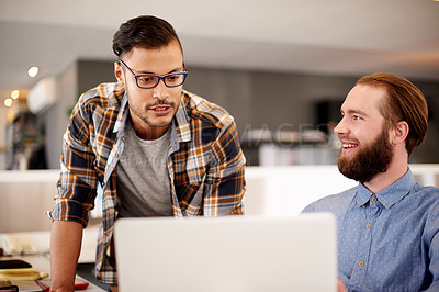 Buy stock photo Creative, men and manager on laptop in office for coaching, programming advice and website feedback. People, online and mentor with research, review information and teamwork for software development