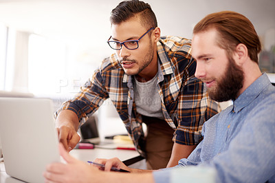 Buy stock photo Business people, teamwork and men with laptop, help and brainstorming for web design project. Cooperation, creative agency or employees in workplace, computer and research for software update or idea