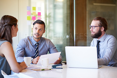 Buy stock photo Business, people and explain document in office for accounting, teamwork and financial planning. Employees, paperwork and collaboration with laptop, finance report and information on investment offer