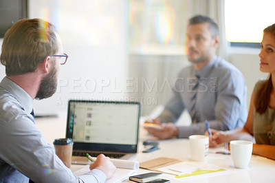 Buy stock photo Meeting, team and group with laptop, boardroom or business pitch for funding, screen and discussion. Collaboration, colleagues and people with client for investment, talk and planning for opportunity