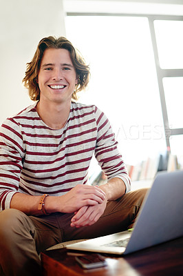 Buy stock photo Portrait, happy man and student in home for elearning or knowledge with laptop. Computer, college and remote education with person in living room for study, smile and university scholarship in USA