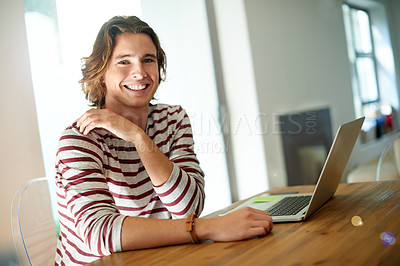 Buy stock photo Laptop, happy man and student in home office for elearning or knowledge with portrait. Computer, college and remote education with person in house to study, smile and university scholarship in USA
