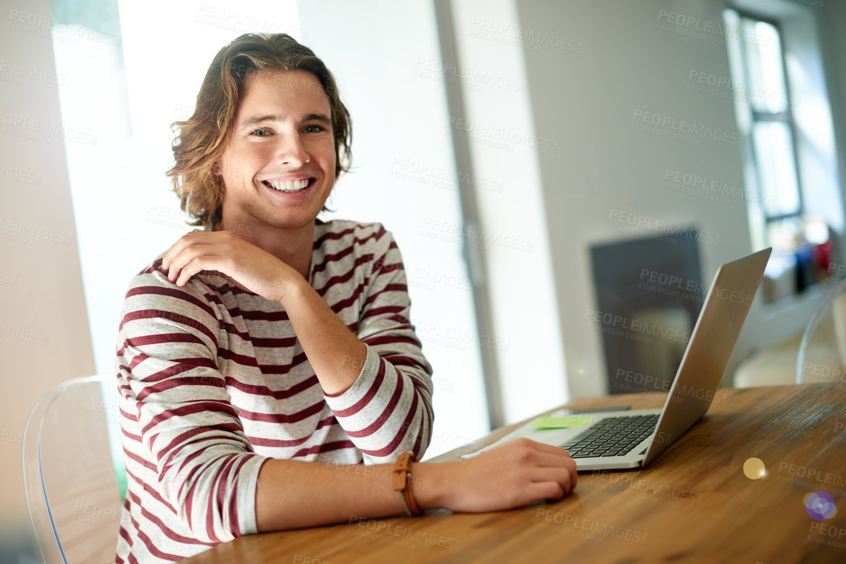 Buy stock photo Laptop, happy man and student in home office for elearning or knowledge with portrait. Computer, college and remote education with person in house to study, smile and university scholarship in USA