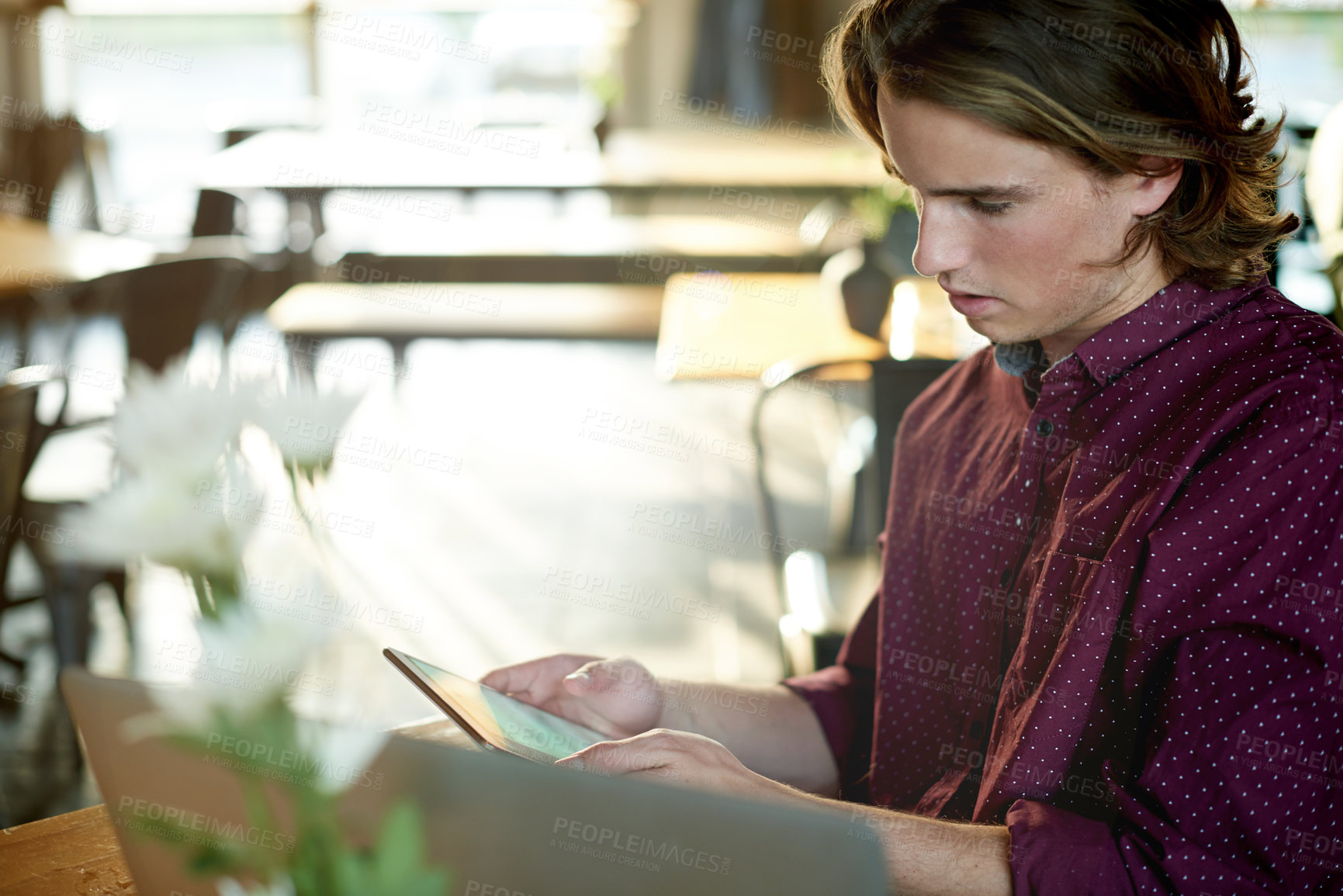 Buy stock photo Remote work, tablet and research with man in cafe for reading, entrepreneur and blog writer. Online report, freelancer and planning with person in coffee shop for small business and magazine startup