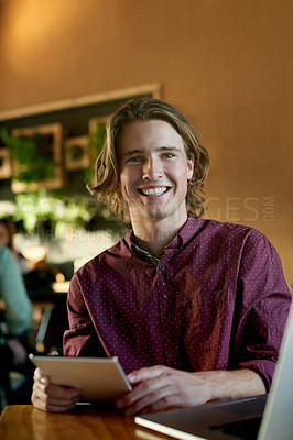 Buy stock photo Happy, coffee shop and portrait of man with tablet for remote work, SEO content writer and research. Restaurant, cafe and person with tech for website review, online report and freelancer career