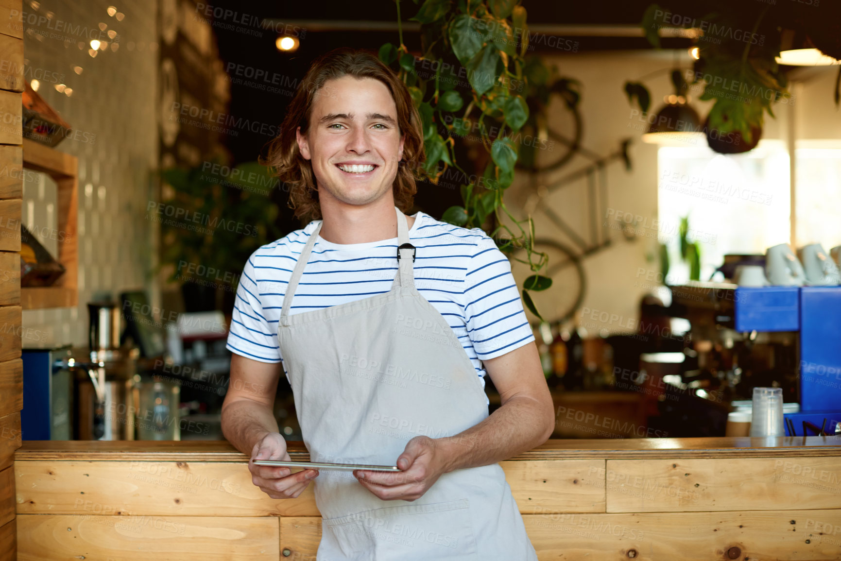 Buy stock photo Tablet, portrait and smile with man in cafe for inventory, menu planning and supply stock order. Restaurant manager, digital checklist and search with person in coffee shop as small business owner