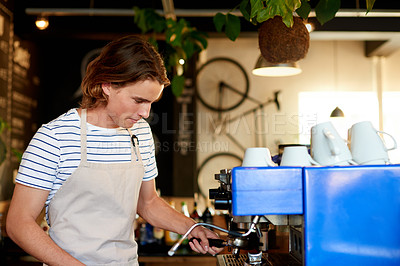 Buy stock photo Business, barista and man in cafe, machine and restaurant with entrepreneur, apron and espresso. Person, startup and employee in coffee shop, waiter and prepare drink with order, morning or worker