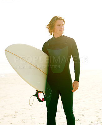 Buy stock photo Surfboard, thinking and man by beach for workout, training or holiday activity for wellness. Sunset, swimsuit and male athlete by ocean for surfing, fitness or water sports on tropical vacation.