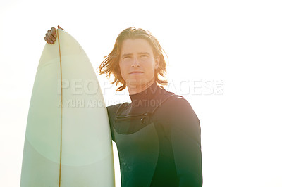 Buy stock photo Surfboard, thinking and summer with man at beach for space, fitness and tropical holiday. Travel destination, surfing hobby and vacation with person outdoor for water sports training and reflection