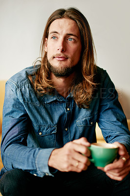 Buy stock photo Coffee, thinking and man in home for relax, peace and calm mindset with morning beverage in living room. Drink, thoughts and male person in house with vision, daydreaming and idea with espresso cup
