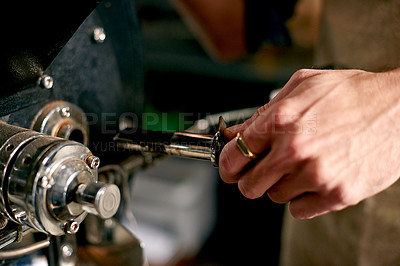 Buy stock photo Coffee machine, hand and barista in cafe for brewing beans, service and grinding equipment in hospitality. Caffeine, tools and process with person in restaurant for espresso, order or fresh beverage
