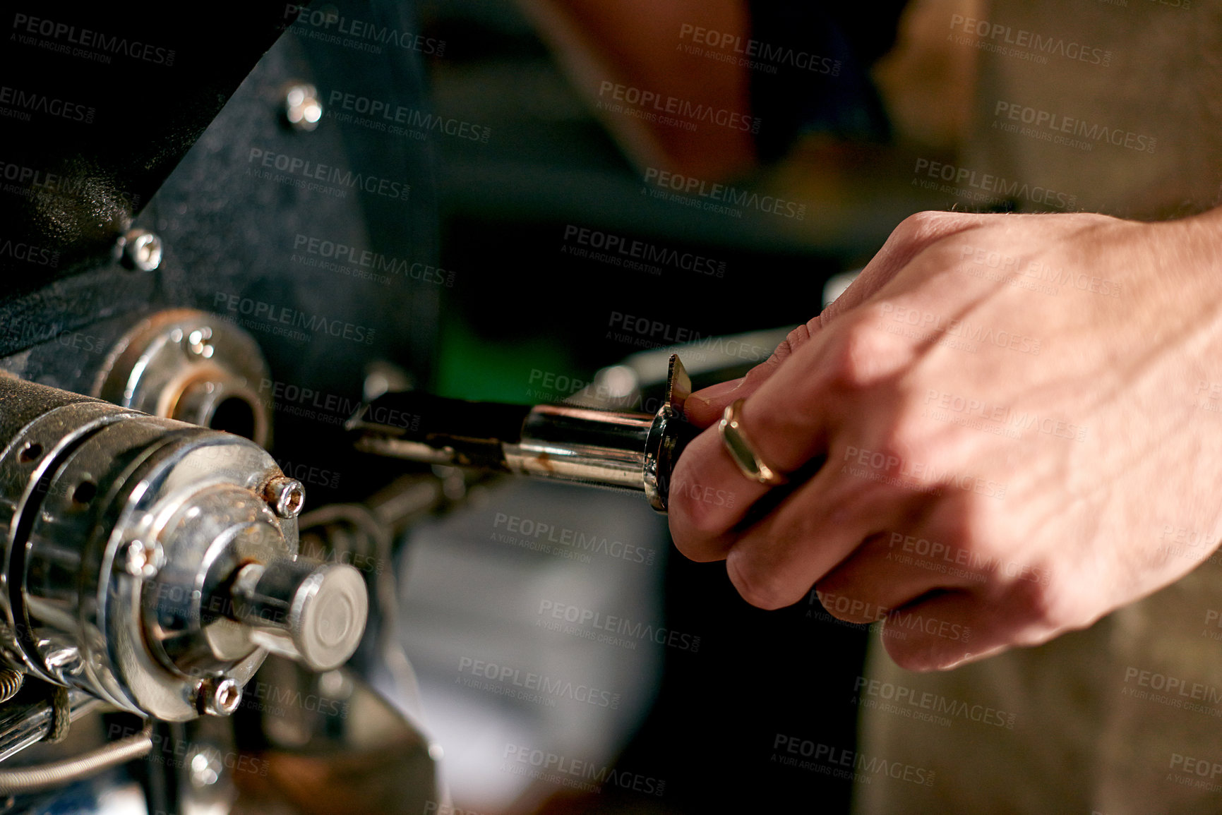 Buy stock photo Coffee machine, hand and barista in cafe for brewing beans, service and grinding equipment in hospitality. Caffeine, tools and process with person in restaurant for espresso, order or fresh beverage