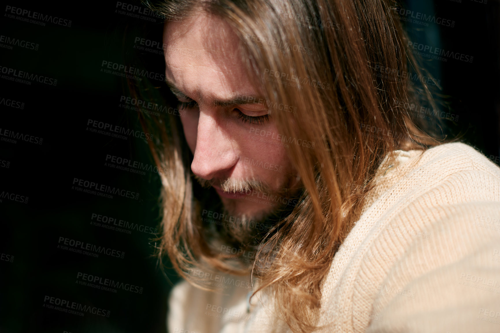 Buy stock photo Man, thinking and reflection by wall, sad and mental health with depression, memory or ptsd. Person, anxiety and perspective with regret, frustrated and remember grief with trauma, loss or mistake