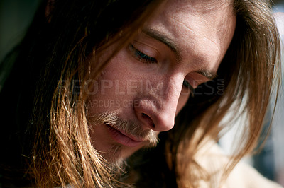 Buy stock photo Sad, man and thinking of unemployment, lonely or anxiety for homelessness, mental health or poverty. Unhappy, person and reflection for job loss, contemplating or worry for survival and bankrupt