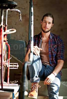 Buy stock photo Portrait, small business and man with startup, bike repair and maintenance with skills, pride and confidence. Person, entrepreneur and store owner with restoration expert, industry and service