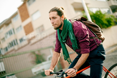 Buy stock photo Travel, sightseeing and man on bicycle in city for adventure, journey or carbon footprint on holiday. Street, cycling and person on bike for eco friendly transport on vacation or weekend in town.