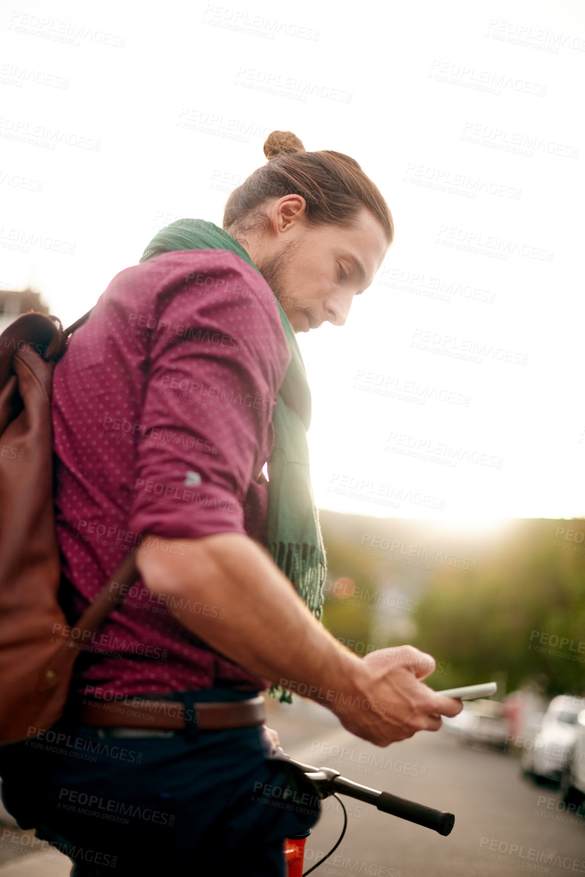 Buy stock photo Entrepreneur, phone or man on bicycle in city for eco friendly transport, commute or outdoor travel. Search, texting or designer in urban town with location, mobile app or bike for online directions