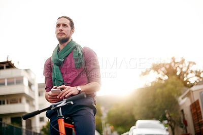 Buy stock photo Thinking, phone or man on bicycle in neighborhood for eco friendly transport, job commute or city travel. Entrepreneur, text or designer in urban town with location, mobile or bike for online address