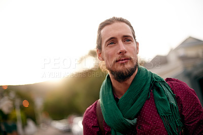 Buy stock photo Thinking, travel and man in town for holiday adventure, vacation or urban discovery. Choice, outdoor trip or confident tourist in city for tourism, decision or location to explore street in Germany
