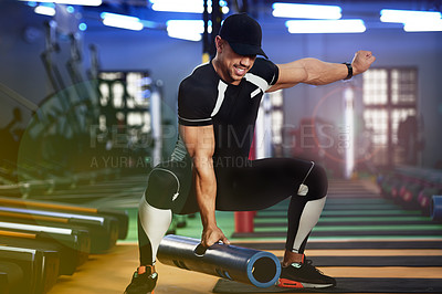 Buy stock photo Fitness, squat and man with weight equipment for training, legs workout or core strength in club. Athlete, active and person in studio to carry gym gear for cardio wellness, body health or balance