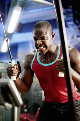 Buy stock photo Workout, strong and equipment with black man in gym for pulley machine, training and fitness. Health, intense exercise and bodybuilder with person in sports club for weightlifting, muscle and athlete