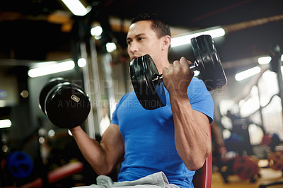 Buy stock photo Strong, fitness and man with weights in gym for bodybuilder training, intense workout and exercise. Sports center, dumbbell and person with weightlifting equipment for strength, challenge and muscles